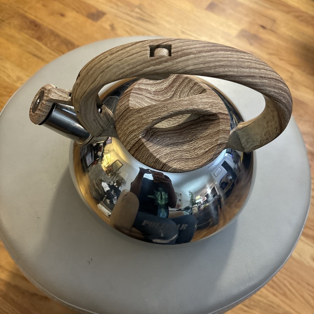 Modern Stainless Steel Whistling Tea Kettle Wood Handle Lid